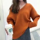 V-neck Rib-knit Sweater Tangerine - One Size