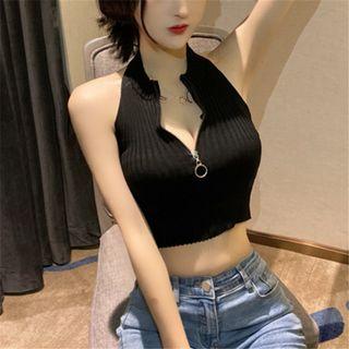 Zipped Detail Halter Knit Cropped Top