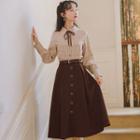 Set: Bow Plaid Blouse + Belted Midi A-line Skirt