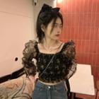 Square Neck Floral Cropped Blouse Floral - Black - One Size