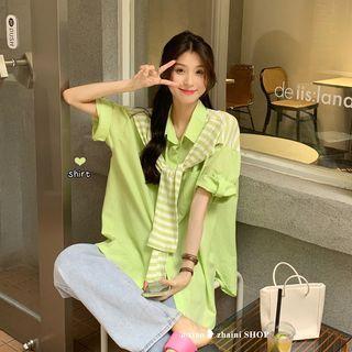 Mock Two-piece Short-sleeve Striped Panel Oversized Shirt