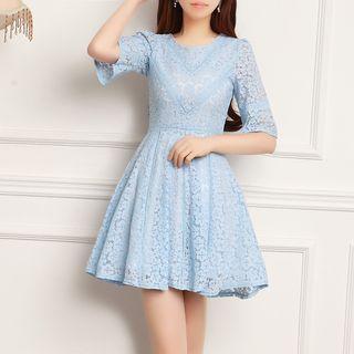 Elbow Sleeve V-neck A-line Lace Dress