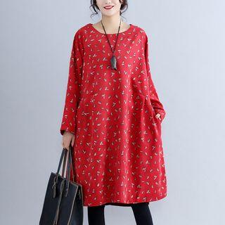 Petal Print Long-sleeve Corduroy Dress