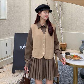 Button-up Vest / Pleated Hem Mini A-line Shirtdress