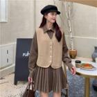 Button-up Vest / Pleated Hem Mini A-line Shirtdress