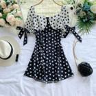 Short-sleeve Color Block Heart Patterned A-line Mini Dress Black - One Size