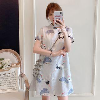 Short-sleeve Graphic Print Mini Shift Qipao Dress