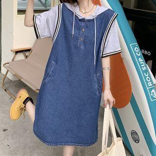 Elbow-sleeve Hooded Denim Panel A-line Dress Blue - One Size