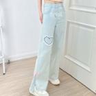 Heart Print Distressed Wide Leg Jeans