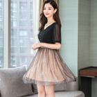 Glitter Mesh Panel Short-sleeve A-line Dress
