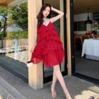 Spaghetti-strap V-neck Ruffled A-line Dress