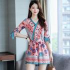 Printed Elbow-sleeve Playsuit With Sash