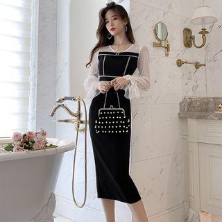 Dotted Mesh-sleeve Midi Sheath Dress