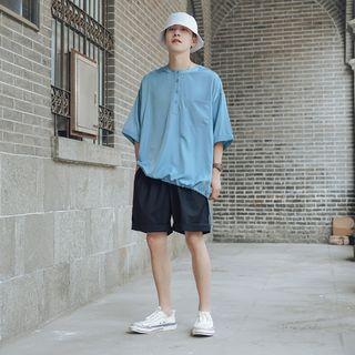 Short-sleeve Button Drawstring-waist T-shirt