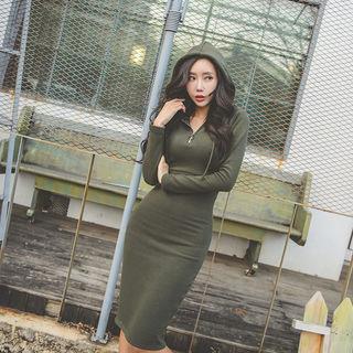Hooded Zip-front Fleece-lined Bodycon Dress