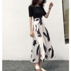 Off-shoulder Short-sleeve T-shirt / Printed Midi A-line Skirt