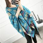 Floral Print Fringe Hem Knit Scarf