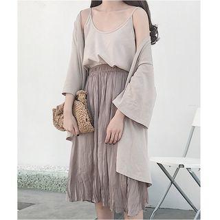 Silk Camisole Top/ Pleated Midi Skirt/ 3/4 Sleeve Light Jacket