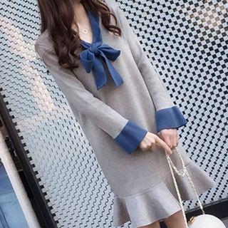 Long-sleeve Ribbon Bow Ruffled Dress