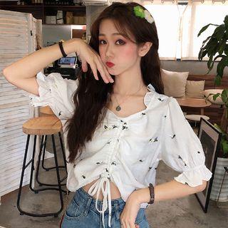 Puff-sleeve Floral Print Drawstring Blouse