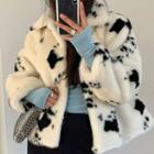 Milk Cow Print Single-breasted Furry Jacket Black & White - One Size