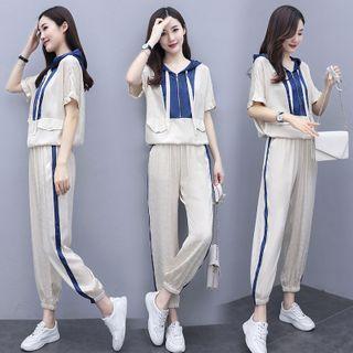 Set: Hood Zip Short-sleeve Top + Sweatpants