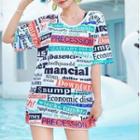 Set: Strappy Bikini Top + Swim Shorts + Lettering Cover-up T-shirt