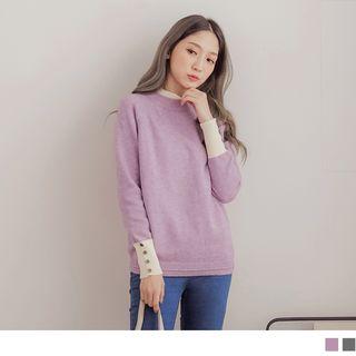 Buttoned Cuff Contrast Trim Sweater