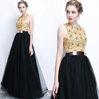 Sleeveless Sequins Panel Mesh Evening Dress