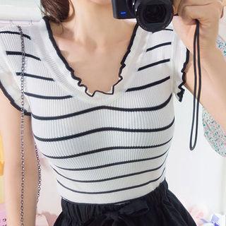 Cap-sleeve Frilled Striped Ribbed Top