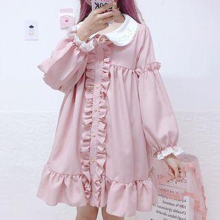 Long-sleeve Button-up Ruffle Mini A-line Dress As Shown In Figure - One Size