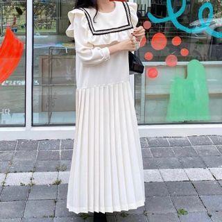 Long-sleeve Frill Trim Pleated Midi A-line Dress