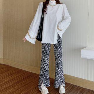 Mock-neck Long-sleeve T-shirt / Patterned Wide Leg Pants