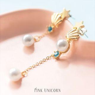 Non-matching Alloy Shell Faux Pearl Dangle Earring 1 Pair - S925 Silver Stud Earrings - Gold & White - One Size