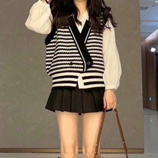 Set: Striped Double-breasted Sweater Vest + Long-sleeve Shirt