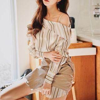 Set: Striped Long-sleeve Dress + High Waist A-line Skirt