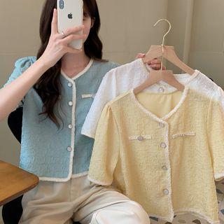 Short-sleeve Contrast Trim Shirred Blouse