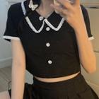 Short-sleeve Collared Lace Trim Top