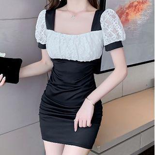 Puff-sleeve Lace Panel Mini Sheath Dress