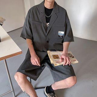 Set: Elbow-sleeve Lettering Single-breasted Blazer + Shorts