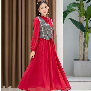 Tie Neck Long-sleeve Midi A-line Dress / Plaid Vest