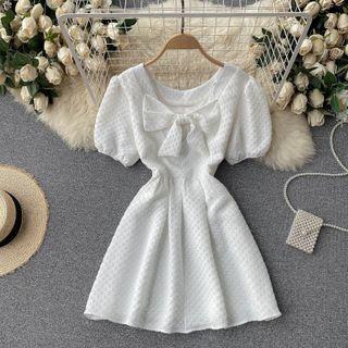 Short-sleeve Bow Neck A-line Dress