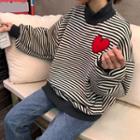 Mock-neck Heart Embroidery Striped Sweatshirt