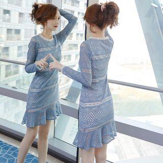 Lace Ruffle Hem Long-sleeve Sheath Dress