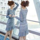 Lace Ruffle Hem Long-sleeve Sheath Dress