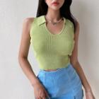 Collared Sleeveless Cropped Rib Knit Top