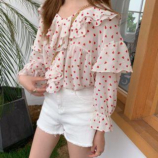 Ruffled-trimmed Love Printed Cropped Sleeve Shirt Color - One Size