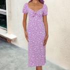 Puff-sleeve V-neck Slit Midi A-line Dress