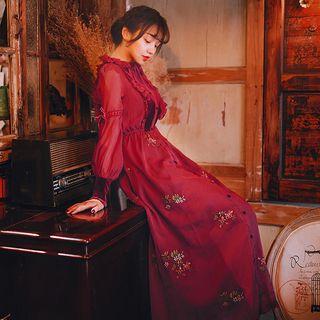 Long-sleeve Floral Embroidery Midi Dress