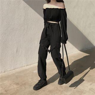 Off-shoulder Cropped Blouse / Buckled Cargo Pants